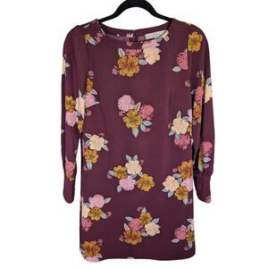 LOFT Petite Long Sleeve Floral Dress Burgundy